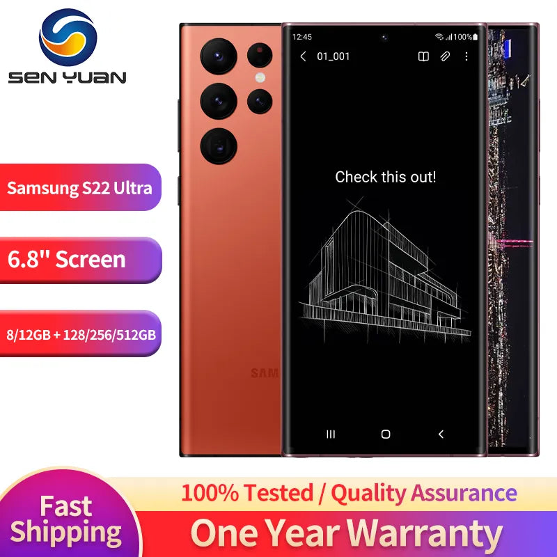 Samsung Galaxy S22 Ultra S908U1 5G Original CellPhone 6.8" 8/12GB RAM 128/256/512GB ROM 108MP+40MP NFC Octa Core Mobile Phone