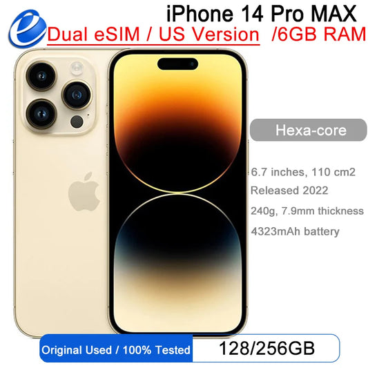 Original Apple iPhone 14 Pro Max 128/256GB ROM 6GB RAM Dual eSIM 6.7" Genuine Retina OLED Face ID NFC A15