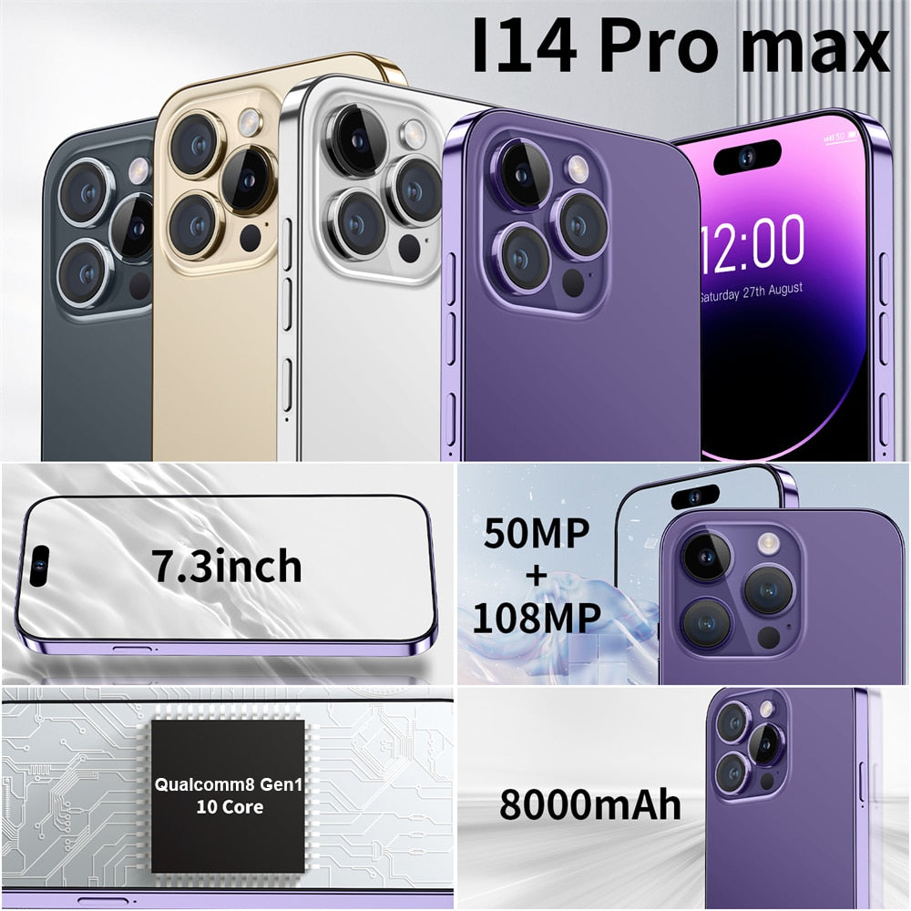 2023  New i14 pro max 7.3 inch Smartphone 16GB+1TB Cell Phone 8000mAh  4G 5G Global Version Mobile Phones Unlock