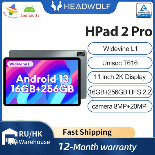 HEADWOLF HPad2 Pro Android 13 Tablet 11 inch Max 16GB RAM+256GB ROM UFS2.2 4G LTE Phone call Sim Tablet PC Widevine L1 7680mAh