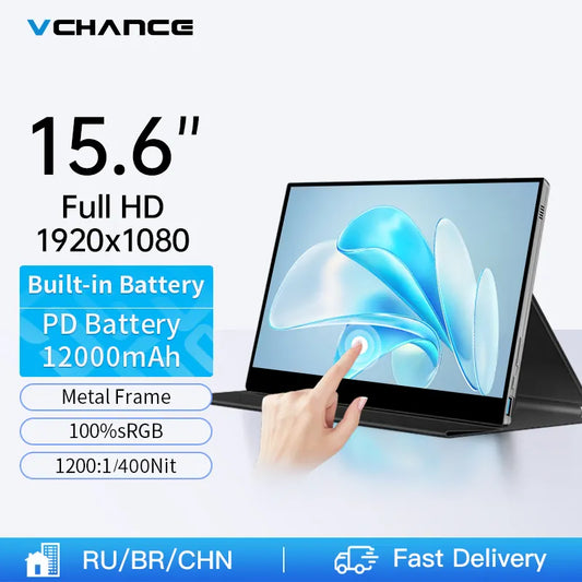 VCHANCE 15.6 Inch 1080p Portable Monitor Built-in PD Battery Touchscreen Metal Frame 100%sRGB Traveling Screen for Phone Laptop