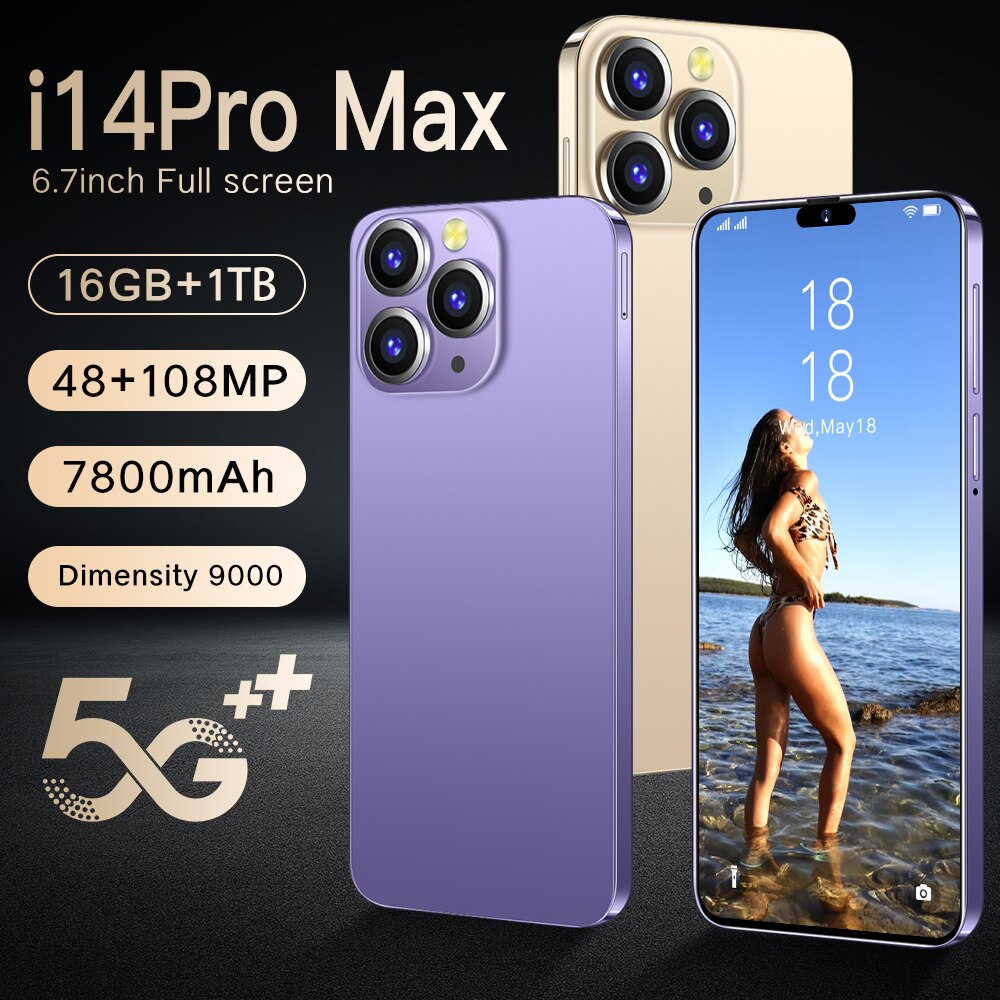 Brand New I14 Pro Max  Mobile Smartphone 5G Phones Original 2023 Full Screen 6.7 Inch 16GB+1TB Version Global Cell Phone