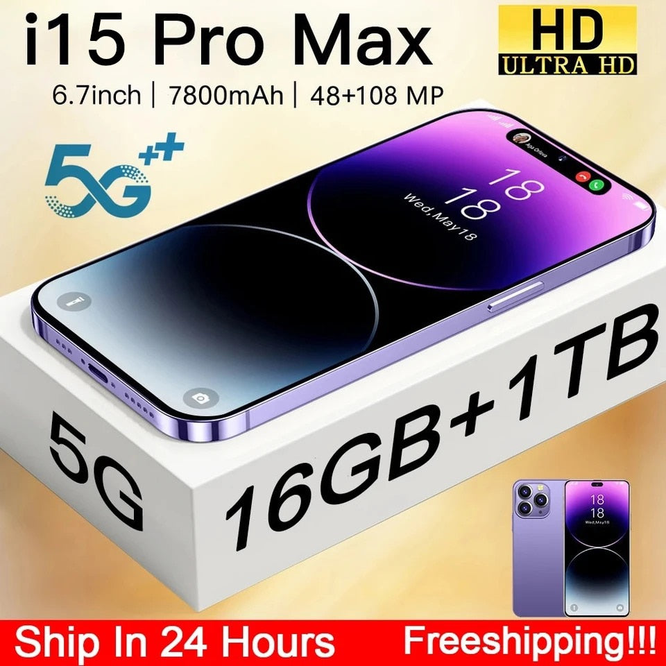 2023 Brand New i15 Pro Max Android Smartphone 6.7inch Full Screen Face ID 16GB+1TB Mobile Phones Global Version 4G 5G Cell Phone