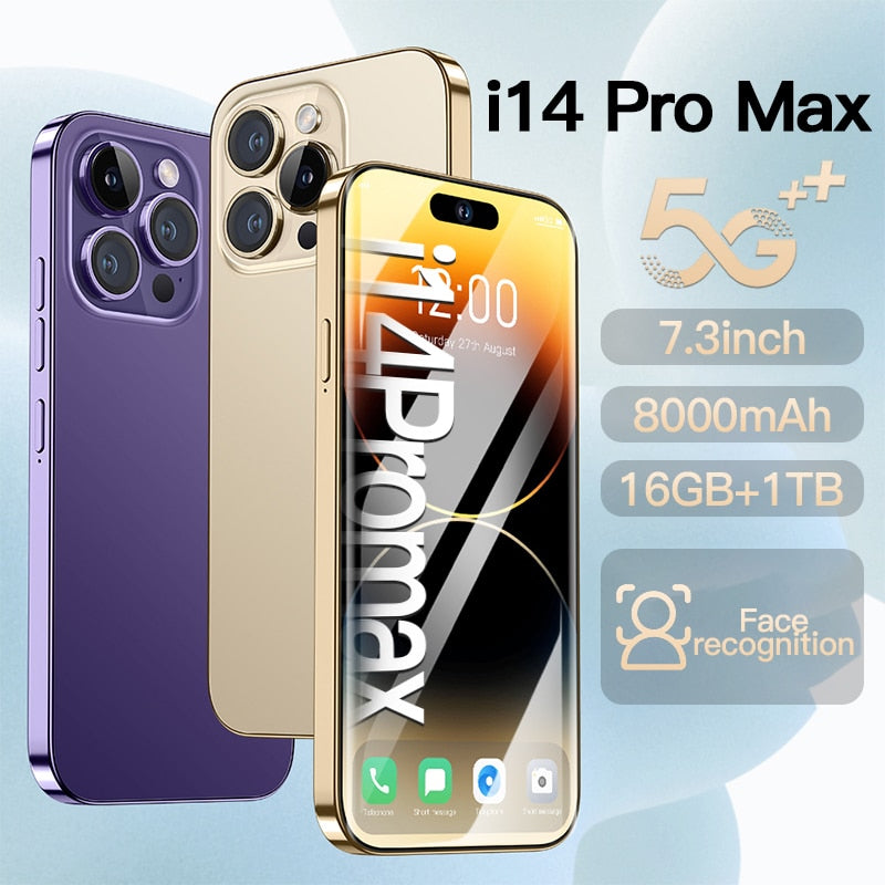 2023 New i14 pro max 5g smartphone phone 8000mAh Cell phone 16+1TB mobile phone 7.3inch HD screen Cellphones unlocked