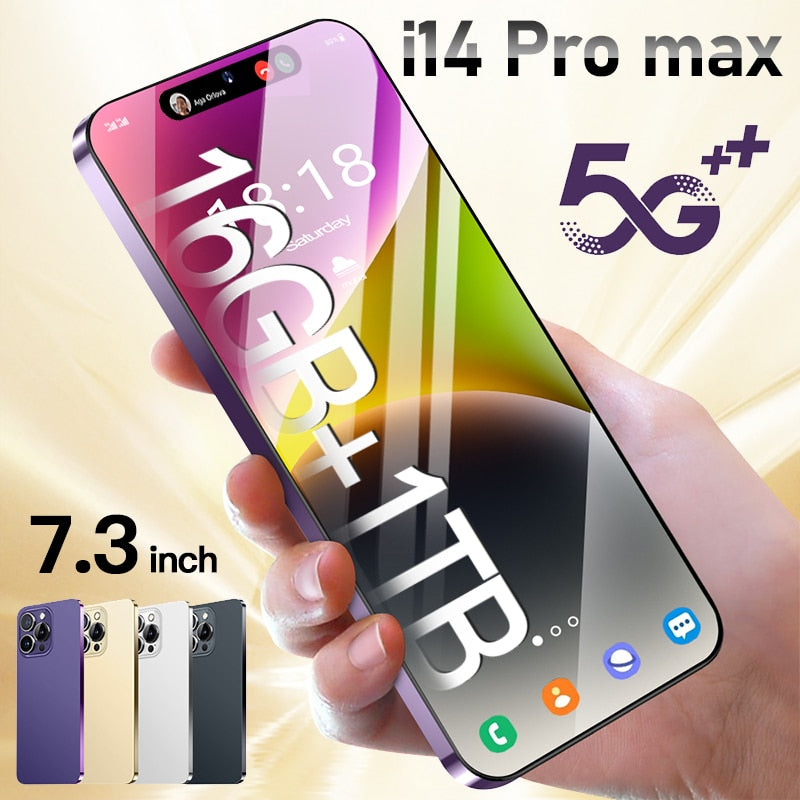 2023  New i14 pro max 7.3 inch Smartphone 16GB+1TB Cell Phone 8000mAh  4G 5G Global Version Mobile Phones Unlock